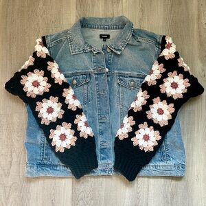 Denim Jean Jacket with Floral Crochet Sleeves. XXL